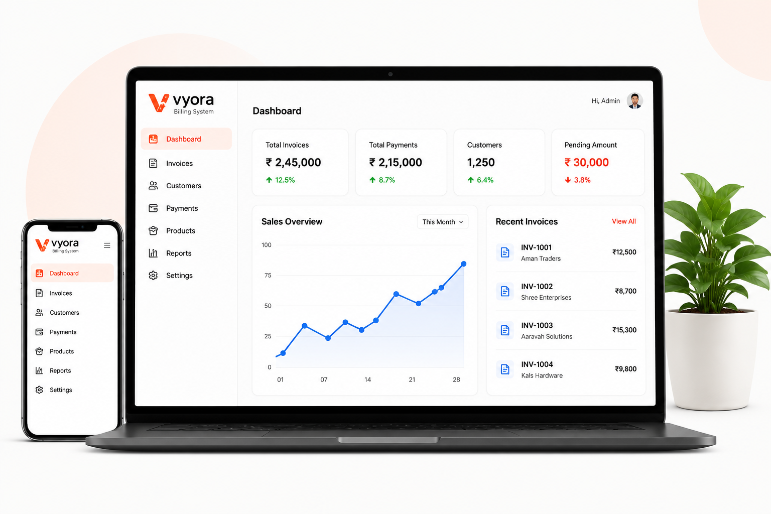 VYORA billing software dashboard on laptop and mobile